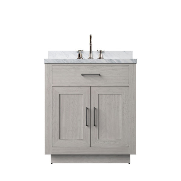 English Elm White Oak Single Bath Vanity With Carrara Marble Top, Chrome Gooseneck Faucet, And Soft-Close Drawers B2731P257663-GIGA