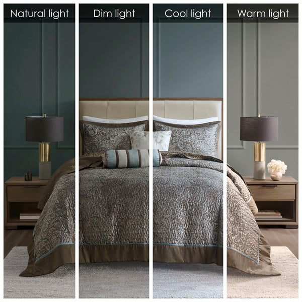 JLA Home Madison Park - 5 Reversible Jacquard Bedspread Set with Paisley Motif, Taupe-Platinum Sheen, Quilted Elegance Blue/Brown MP13-4339