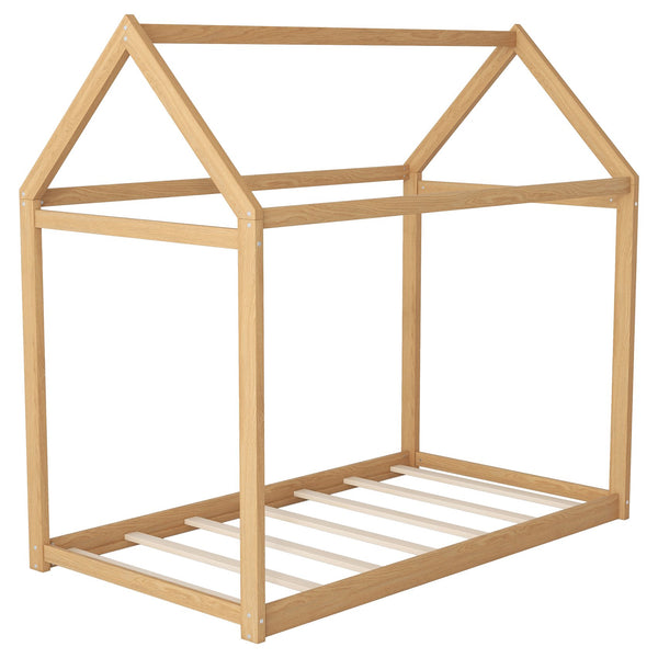 English Elm Twin Size Wooden House Bed with Pine & MDF Frame, Low Height Safety Design, Easy Assembly, 400lb Capacity N716P227423D