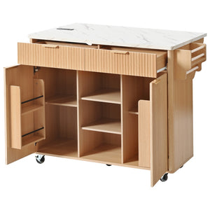 English Elm K&k Fluted Rolling Kitchen Island Faux Marble Top Power Outlet Drop Leaf Storage Natural N707S000019Y