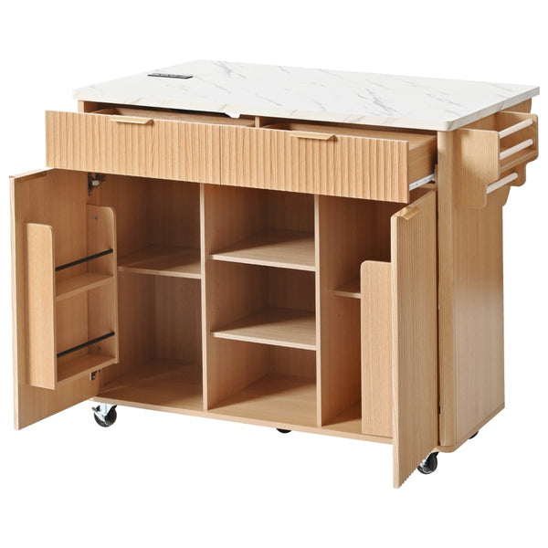 English Elm K&k Fluted Rolling Kitchen Island Faux Marble Top Power Outlet Drop Leaf Storage Natural N707S000019Y
