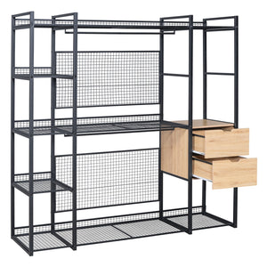 English Elm Open-Style Wardrobe Storage System with Heavy-Duty Metal Frame, Rails, Shelves & Drawers - Sleek Durable Design for Organized Living Black SF000087AAB