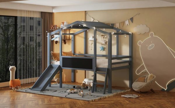 English Elm Twin House Loft Bed with Slide Chalkboard Panel and Led Roofline for Kids Gray WF324323AAE