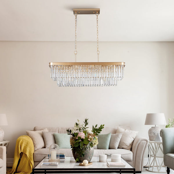 English Elm Chandeliers,Rectangular Crystal Chandelier Adjustable Modern Industrial Iron Frame Pendant Light for Kitchen Dining Room Bedroom PMID Gold W2312P368691