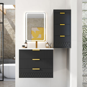 English Elm 24inch Bathroom Vanity with Sink - Wall-Mounted Floating Combo with Ceramic Basin, Modern L-Handle Design Black N710S324097B