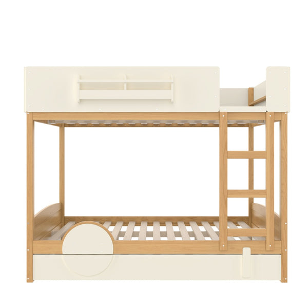 English Elm Queen Bunk Bed with Trundle Solid Pine Kids Car Themed Frame Built-in Bookshelf Natural+Beige W1580S00449