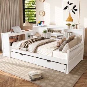 English Elm Twin Corner Daybed Pine Frame Built in Desk Bookcase Drawers Charging Kids Room White W697S00041