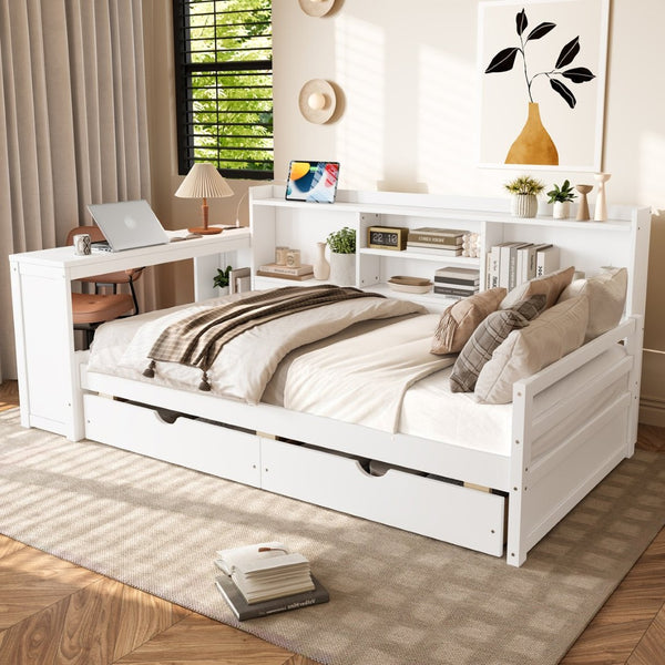 English Elm Twin Corner Daybed Pine Frame Built in Desk Bookcase Drawers Charging Kids Room White W697S00041