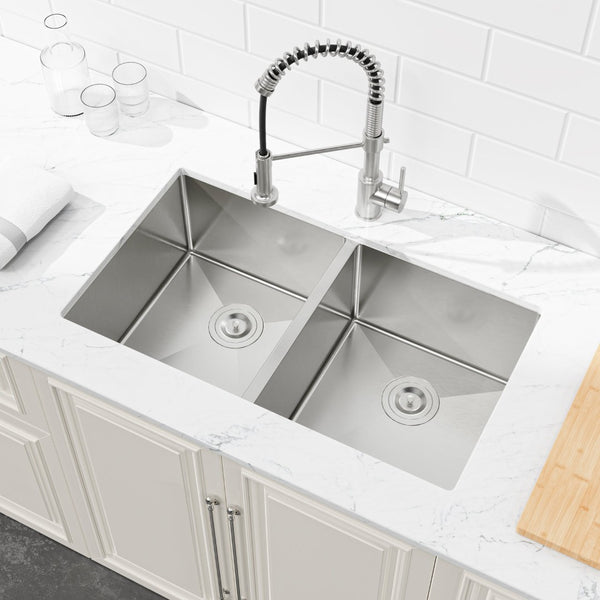 English Elm 33"x19" Handmade Stainless Steel Undermount Double Bowl Sink for Modern Kitchens T3177P296196