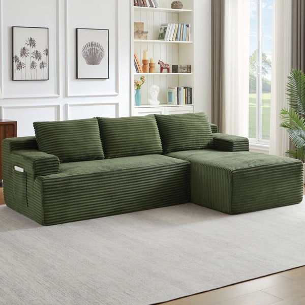 English Elm L-Shaped Cloud Sectional Sofa - Cozy Modular Sleeper, No Assembly, Durable Green Corduroy Design W2339P409432
