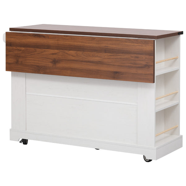 English Elm K&K 53" Farmhouse Kitchen Island with Drop Leaf, Tempered Glass Doors, Power Outlet, Rolling Cart White N707P263637W