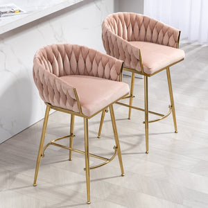 English Elm 26'' Plush Velvet Counter Stools Set of 2 with Adjustable Metal Legs, Gold Chrome Base & Footrest, Pink Luxury Seating W2215P184990