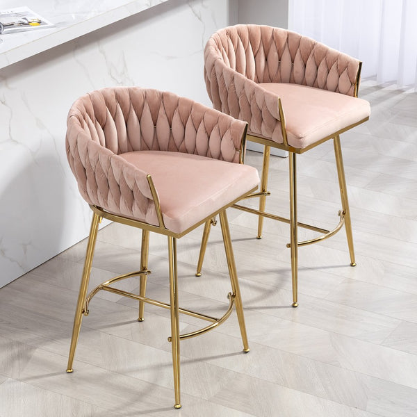 English Elm 26'' Plush Velvet Counter Stools Set of 2 with Adjustable Metal Legs, Gold Chrome Base & Footrest, Pink Luxury Seating W2215P184990
