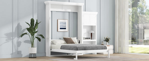 English Elm Queen Size Murphy Bed With Stylish Louvered Design, Multi-Storage Shelves, And Elegant White Finish N7090004018K-GIGA
