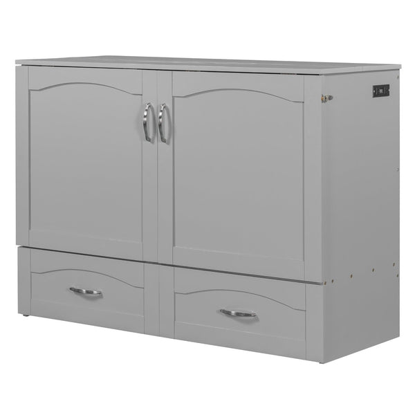 English Elm Full Size Murphy Wall Bed with Storage Drawers Usb Charging Ports and Pulley Mechanism Gray LP100670AAE
