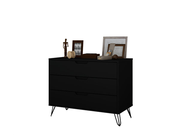 English Elm Rockefeller 35" Dresser with 3 Smooth-Glide Drawers, Metal Splayed Legs, TV-Ready Storage, Anti-Tip Black B365P398133
