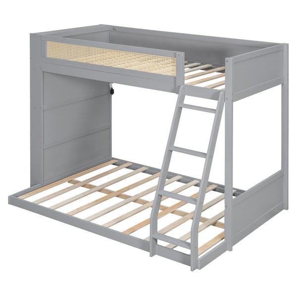 English Elm Twin Over Full Bunk Bed with Cane Guardrail Led Lighting and Built-in Bookshelf Gray LT000351AAE