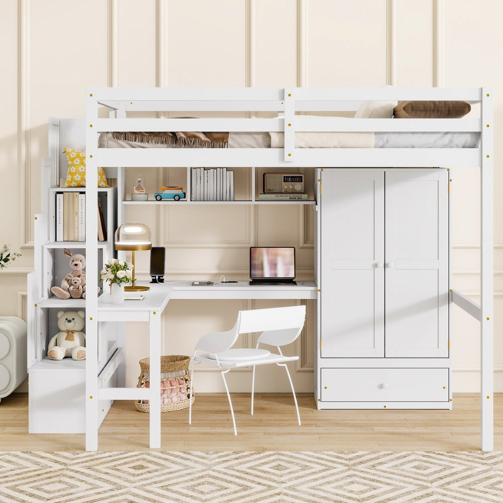 English Elm Twin Over Full Bunk Bed Solid Pine Frame with Built-in Slide and Storage Staircase White W504S00264