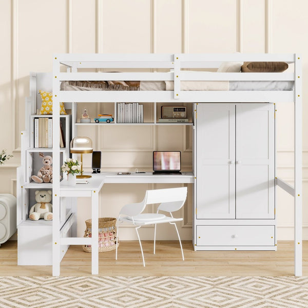 English Elm Twin Over Full Bunk Bed Solid Pine Frame with Built-in Slide and Storage Staircase White W504S00264