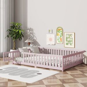 English Elm Queen Rubber Wood Floor Bed with Full Perimeter Safety Fence and Hinged Access Door Pink W504P429344
