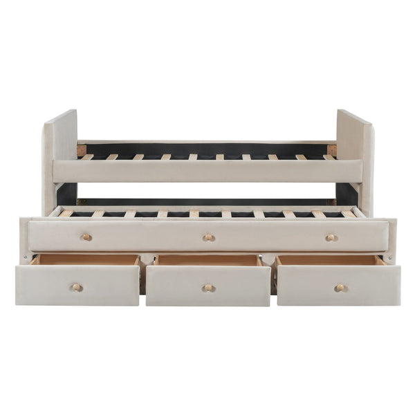 English Elm Twin Upholstered Daybed with Pull-Out Trundle and 3 Drawers, Velvet Finish, Solid Frame, Slat Kit Included Beige SF000147AAA