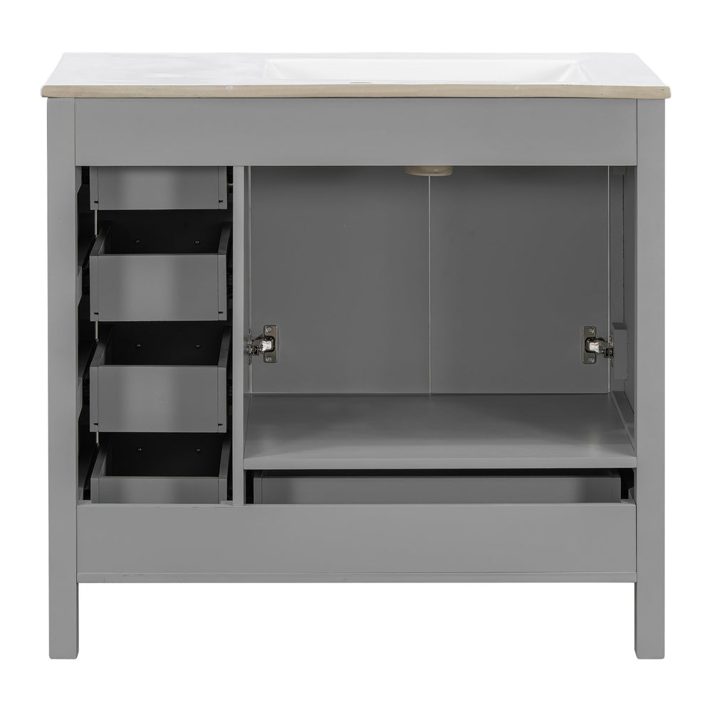 English Elm 36" Gray Bathroom Vanity with Ceramic Sink, 5 Drawers & Soft-Close Doors, Solid Wood Modern Storage N729P183735E