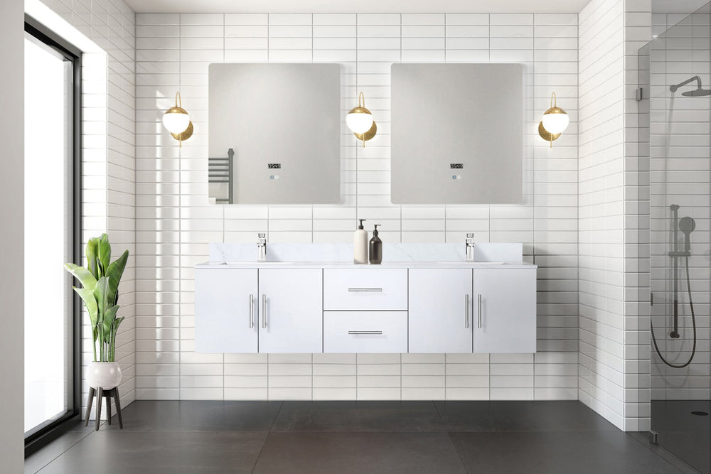 English Elm Glossy White Double Bath Vanity With Carrara Marble Top & Led Mirrors – Modern Storage Solution! B2731S00832