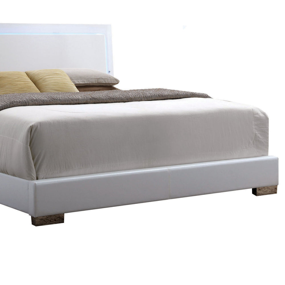 English Elm White Queen Bed with Adjustable LED Headboard, Sturdy Wooden Slats, White Faux Leather, Chrome Trim, Durable Support and Ambient Lighting for Reading and Relaxation B062S00584