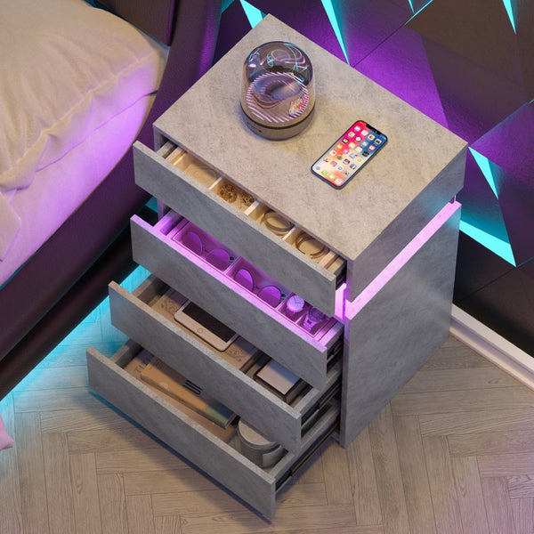 English Elm Nightstand with Led Backlighting Acrylic Panel Four Drawers Modern Bedroom Side Table Grey W2178P246214