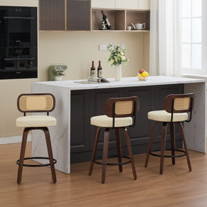 English Elm Set of 3 Rattan Counter Stools with Cane Back and Swivel, Upholstered PU Seat, Walnut Finish, Ergonomic Comfort Beige W1143P300158