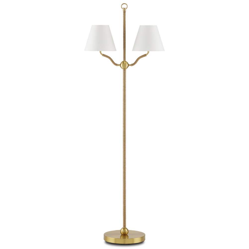 Sirocco Antique Brass Floor Lamp with Jute Rope Accents and Off-White Linen Shades for Elegant Decor