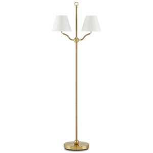 Sirocco Antique Brass Floor Lamp with Jute Rope Accents and Off-White Linen Shades for Elegant Decor