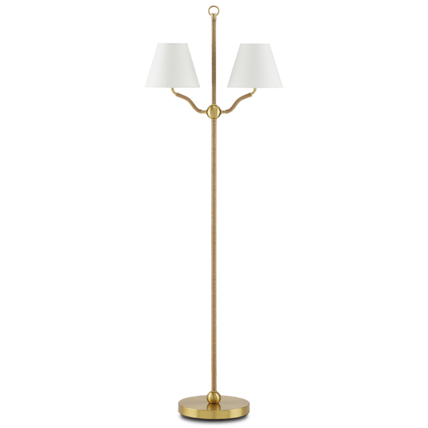 Sirocco Antique Brass Floor Lamp with Jute Rope Accents and Off-White Linen Shades for Elegant Decor