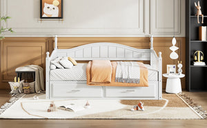 English Elm Wooden Twin Daybed with Trundle and Two Storage Drawers, Solid MDF Frame, Guardrails for Safety and Style White 43.5 L x 24.75 W x 6 H N733S173459K