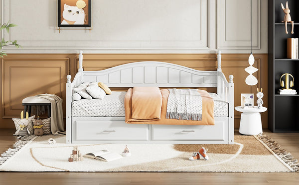 English Elm Wooden Twin Daybed with Trundle and Two Storage Drawers, Solid MDF Frame, Guardrails for Safety and Style White 43.5 L x 24.75 W x 6 H N733S173459K