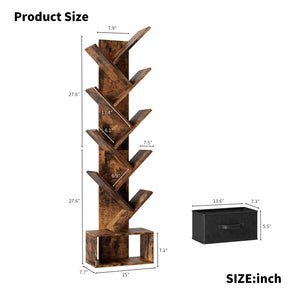 English Elm 9 Tier Tree Bookshelf with Drawer — Rustic Brown 9-Shelf Vertical Bookcase, Space-Saving Storage, Sturdy MDF Organizer (55.5") W578P207919