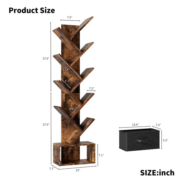 English Elm 9 Tier Tree Bookshelf with Drawer — Rustic Brown 9-Shelf Vertical Bookcase, Space-Saving Storage, Sturdy MDF Organizer (55.5") W578P207919