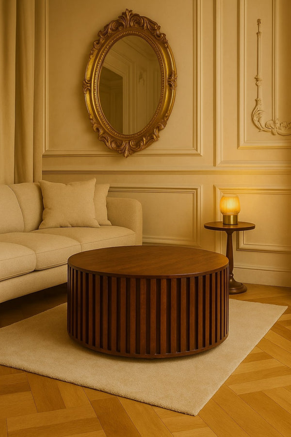 English Elm Solid Wood Orion Slatted Coffee Table - Modern Round Design With Hidden Storage For Clutter-Free Living B182P372127-GIGA