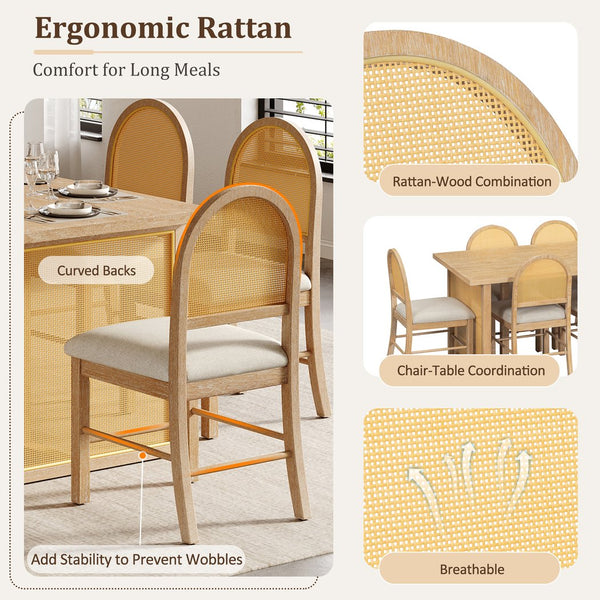 English Elm TREXM 7-Piece Farmhouse Dining Set with Distressed Oak Veneer Table and Upholstered Rattan Chairs, Rustic Elegance for Family Meals Beige,Natural ST000149AAN