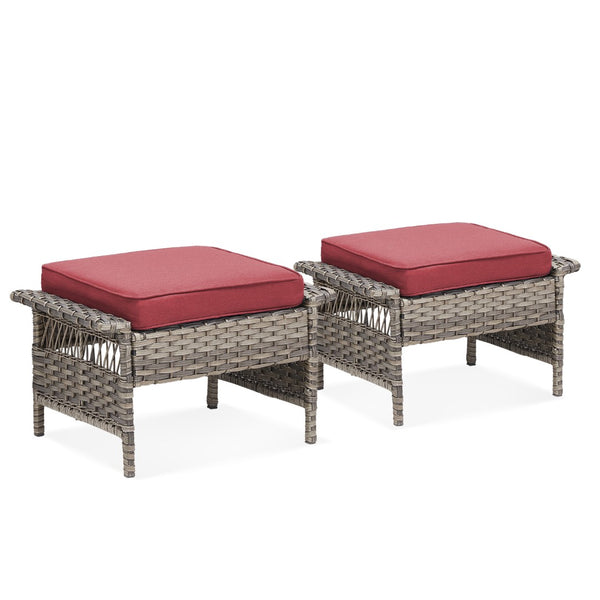 English Elm Outdoor Handwoven Pe Wicker Ottoman Set Patio Footrests with Weather Resistant Cushions Red T3773P416511