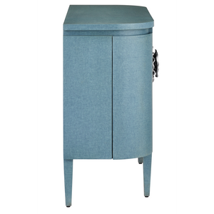 Briallen Blue Demi-Lune Cabinet - Elegant Lacquered Storage with Polished Nickel Floral Details