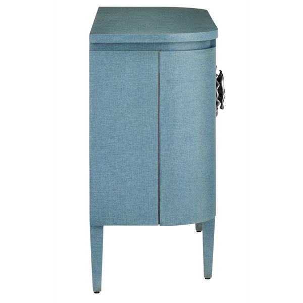 Briallen Blue Demi-Lune Cabinet - Elegant Lacquered Storage with Polished Nickel Floral Details