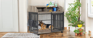 English Elm GO Furniture-Style Dog Crate 44" Gray End Table Kennel with Sliding Barn Door, Storage Shelves, Wheels WF323360AAE