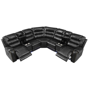 English Elm 113.5" Manual Reclining Sectional Sofa Set L-Shaped Symmetrical Motion Couch with LED Strip, 4 Cup Holders, Storage Boxes and Durable PU Leather Frame Black N719S001150B