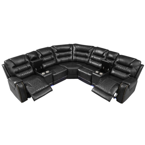 English Elm 113.5" Manual Reclining Sectional Sofa Set L-Shaped Symmetrical Motion Couch with LED Strip, 4 Cup Holders, Storage Boxes and Durable PU Leather Frame Black N719S001150B