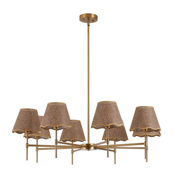 English Elm Gold Rattan Chandelier 8 Light Boho Woven Pendant Farmhouse Dining Room Fixture W1340P461534