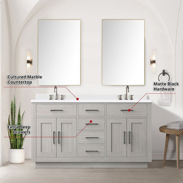 English Elm White Oak Double Bath Vanity Set With Cultured Marble Top, Chrome Faucets, And Large Mirror Included B2731S01697-GIGA