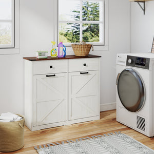 English Elm Farmhouse Barn Door Tilt-Out Trash Cabinet with Waterproof Woodgrain Top, 2 Drawers, 2x10gal Storage W2557P237960