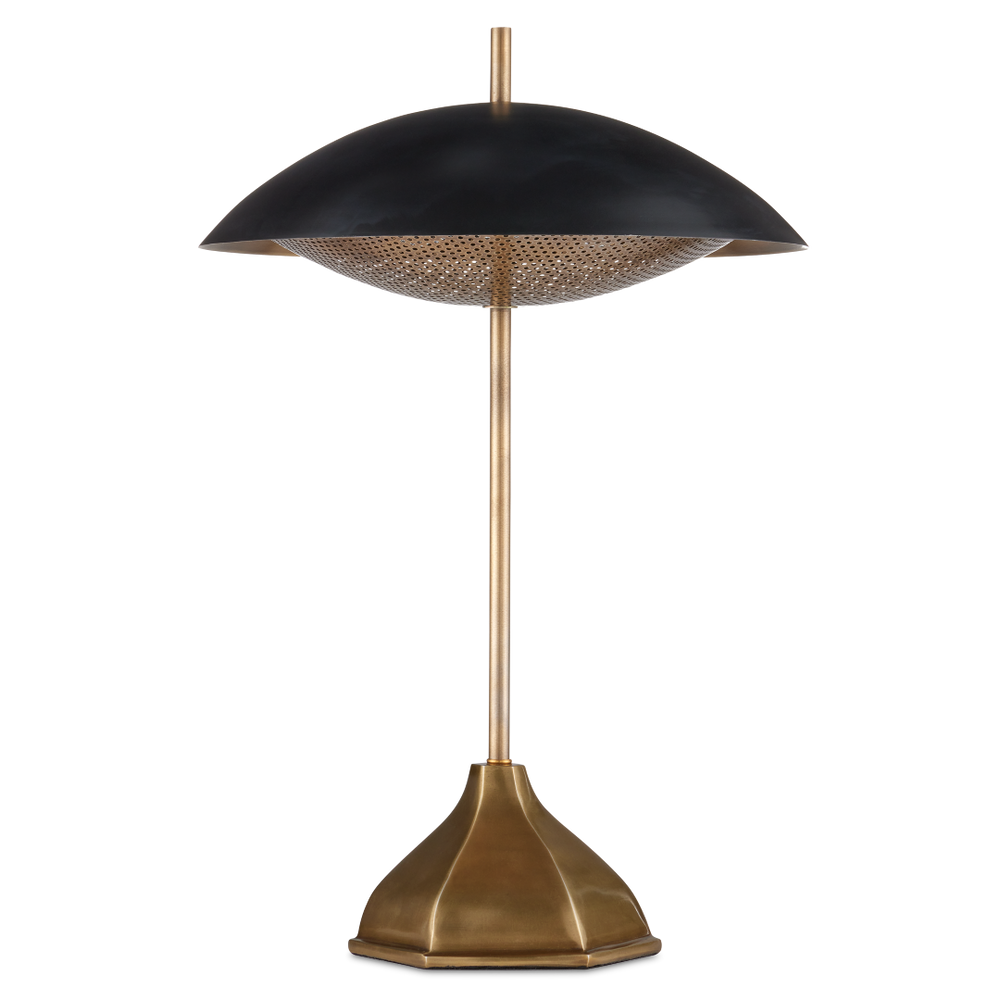 Domville Modern Table Lamp - Antique Brass & Black Metal Shade with Unique Hexagonal Base Design