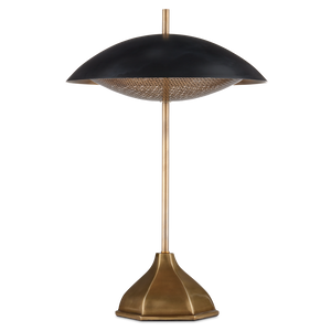 Domville Modern Table Lamp - Antique Brass & Black Metal Shade with Unique Hexagonal Base Design